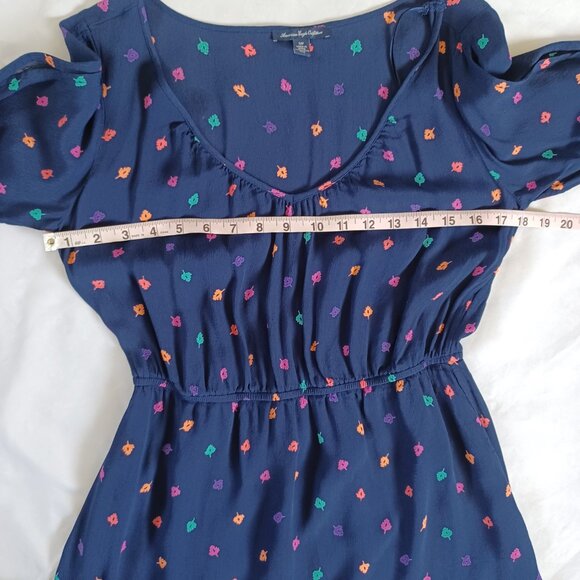 AEO American Eagle Dress Navy Blue Fit and Flare Shirt Mini Leaf Print Size S - Picture 10 of 12